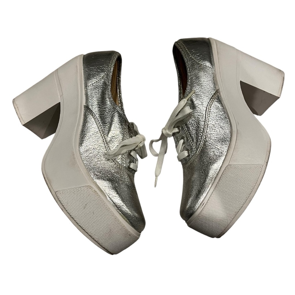 Vintage Bakers Silver Metallic Platform Lace-Up Chunky Heel Shoes, Sz 7.5